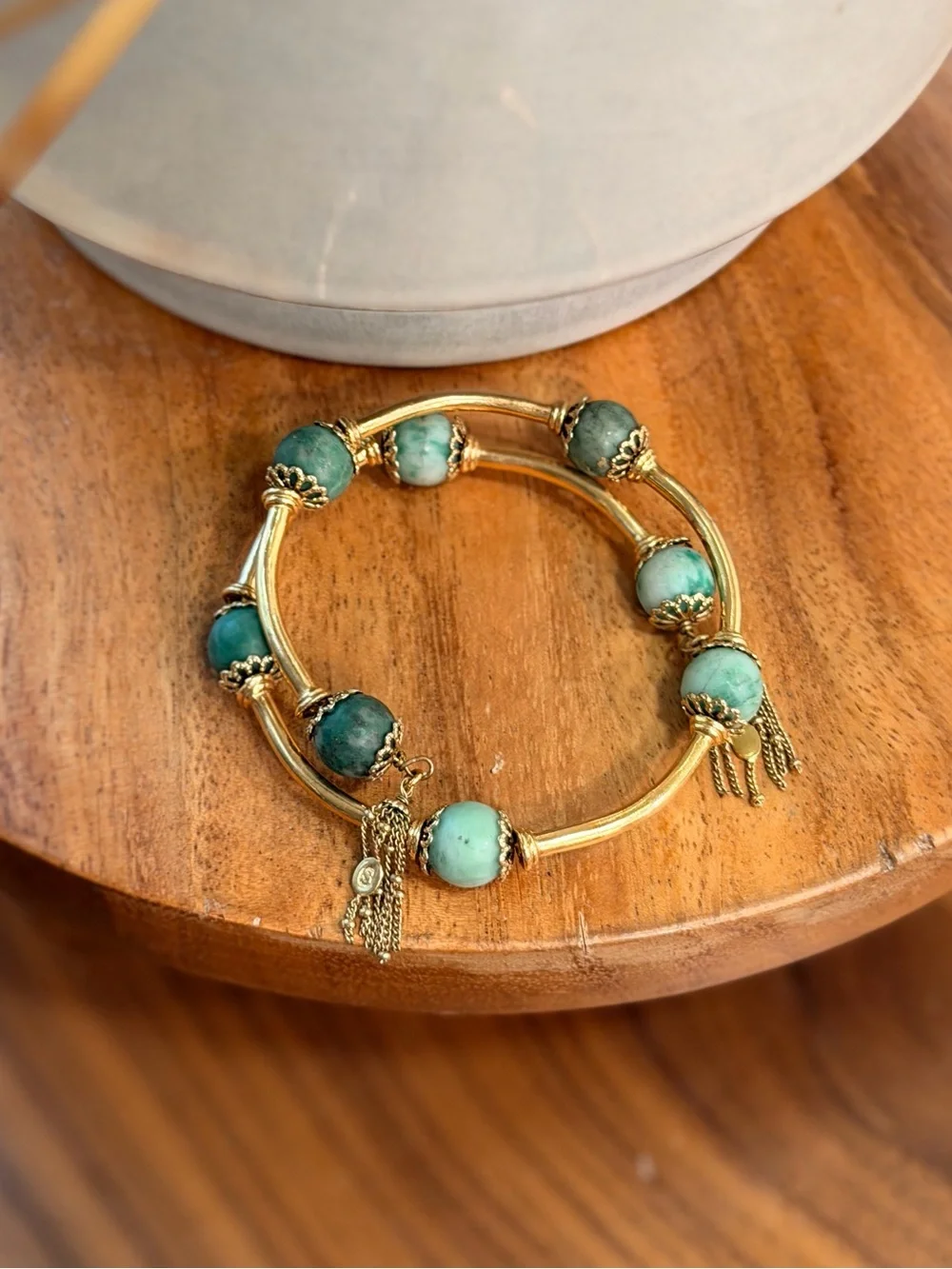 RARE HTF VTG Sezane Sally Bracelet Green and Gold Tone Marbled Stone